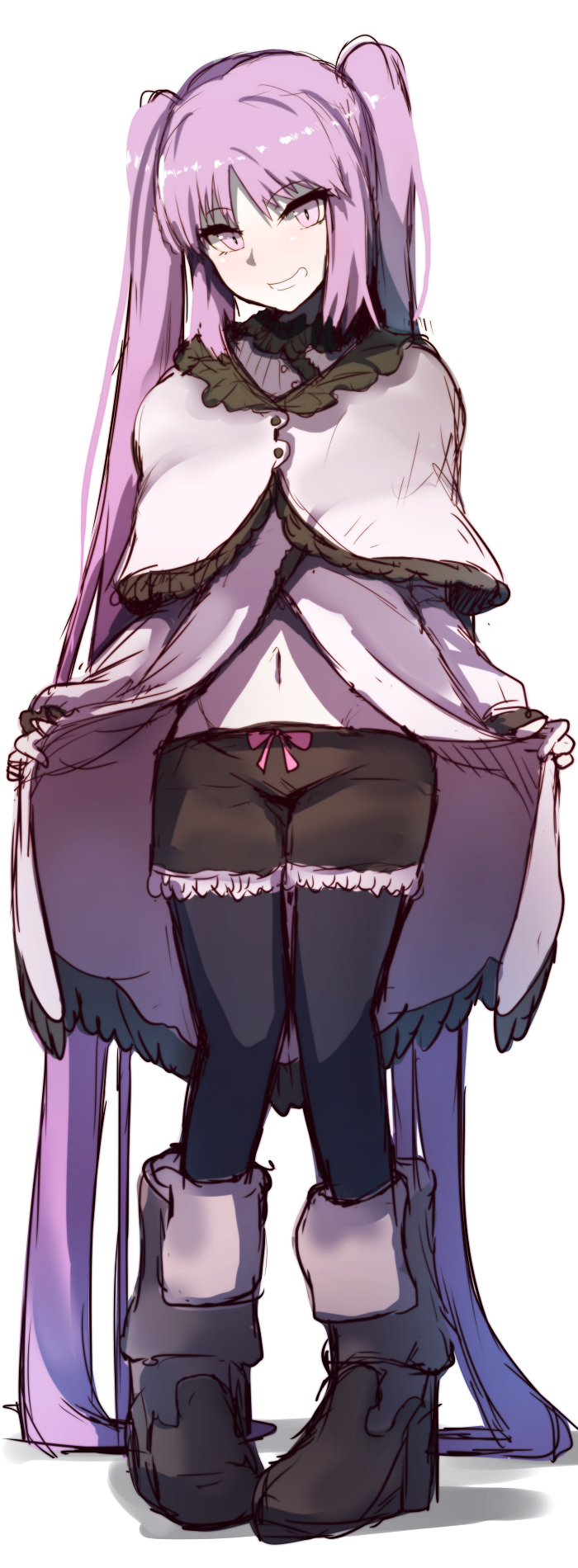 1girl absurdly_long_hair alternate_costume bangs black_footwear black_legwear black_shorts blush boots capelet character_request dress eyebrows_visible_through_hair fate/grand_order fate_(series) full_body grin head_tilt highres long_hair looking_at_viewer navel open_clothes open_dress pantyhose pigeon-toed pink_eyes pink_hair short_shorts shorts sketch smile solo standing twintails very_long_hair wadakazu white_background white_capelet white_dress