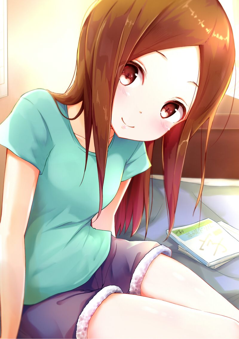 1girl aqua_shirt bangs bed blue_shorts blush breasts brown_eyes brown_hair closed_mouth collarbone commentary_request eyebrows_visible_through_hair forehead fur-trimmed_shorts head_tilt karakai_jouzu_no_takagi-san long_hair na53 parted_bangs shirt short_shorts short_sleeves shorts sitting small_breasts smile solo takagi-san very_long_hair