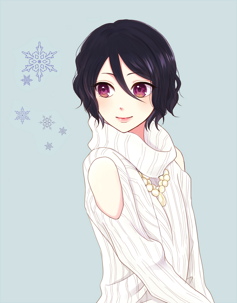 1girl bleach blue_background blush commentary commentary_request eyelashes hair_between_eyes highres kuchiki_rukia lips looking_away looking_to_the_side okome_(haku_maimai) smile snowflakes solo sweater turtleneck violet_eyes