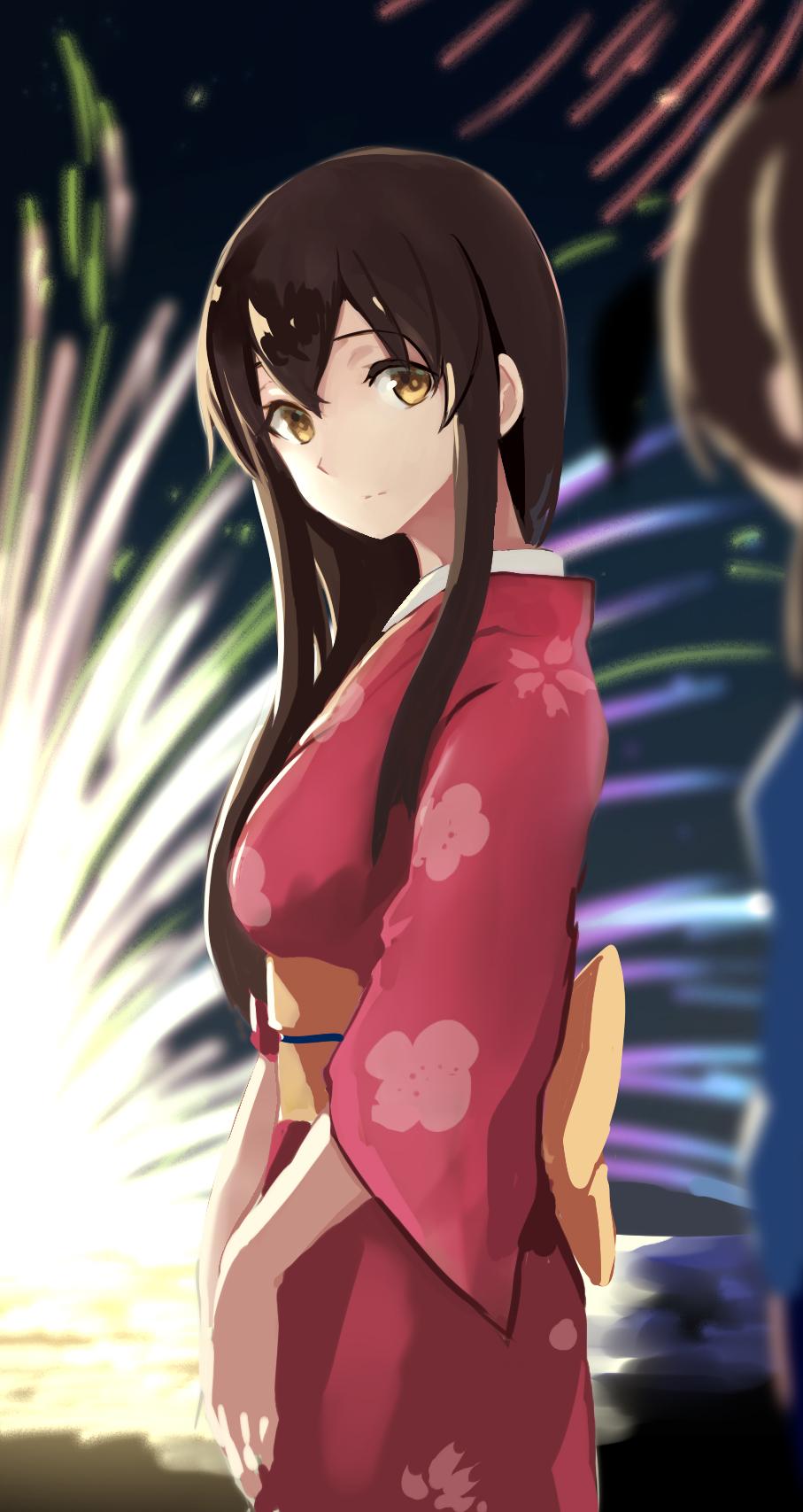 2girls akagi_(kantai_collection) alternate_costume blue_kimono brown_eyes brown_hair cowboy_shot firework_background fireworks from_side highres japanese_clothes kaga_(kantai_collection) kantai_collection kimono long_hair looking_at_another multiple_girls night obi outdoors red_kimono sash straight_hair summer tendou_itsuki yukata