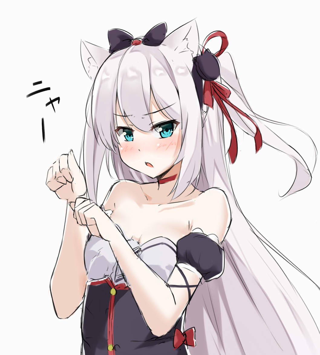 1girl animal_ears azur_lane bangs bare_shoulders black_bow black_dress blue_eyes blush bow cat_ears cat_hair_ornament collarbone commentary_request dress eyebrows_visible_through_hair hair_between_eyes hair_bow hair_ornament hair_ribbon hammann_(azur_lane) kohakope long_hair one_side_up parted_lips puffy_short_sleeves puffy_sleeves red_ribbon remodel_(azur_lane) ribbon short_sleeves silver_hair simple_background sketch solo very_long_hair white_background