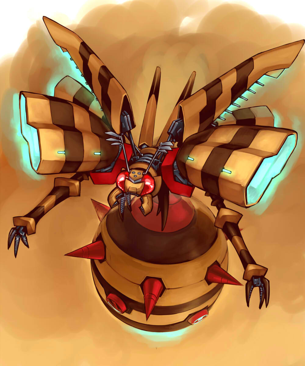 antennae brown_background digimon highres ikuhana_niiro mechanical_wings no_humans official_art red_eyes solo wasp waspmon wings