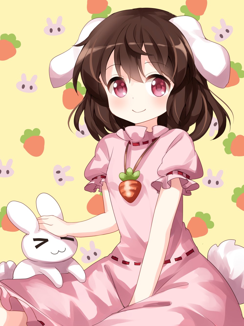 &gt;_&lt; 1girl :3 animal_ears brown_hair bunny_tail carrot carrot_necklace commentary_request dress eyebrows_visible_through_hair floppy_ears highres inaba inaba_tewi looking_at_viewer medium_hair petting pink_dress rabbit rabbit_ears red_eyes ribbon-trimmed_dress ruu_(tksymkw) sitting smile solo tail touhou x3