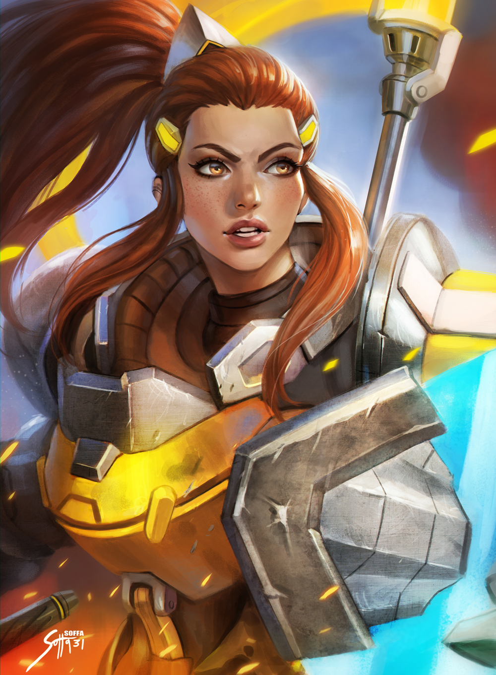 1girl banner brigitte_lindholm brown_eyes brown_hair eyebrows freckles headgear highres holding holding_weapon long_hair overwatch parted_lips ponytail power_armor shield sidelocks soffa solo upper_body weapon