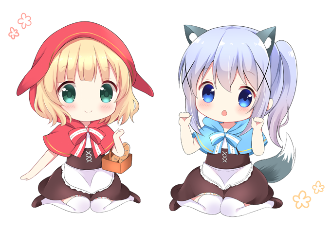 2girls animal_ears animal_hood apron baguette bangs basket blonde_hair blue_capelet blue_eyes blue_hair blush bread brown_footwear brown_skirt bunny_hood capelet chatsune_(white_lolita) chestnut_mouth chibi closed_mouth eyebrows_visible_through_hair food gochuumon_wa_usagi_desu_ka? green_eyes hair_between_eyes hair_ornament hands_up hood hood_up hooded_capelet kafuu_chino kemonomimi_mode kirima_sharo long_hair multiple_girls parted_lips rabbit_ears red_capelet shoes side_ponytail sidelocks sitting skirt tail thigh-highs waist_apron wariza white_apron white_background white_legwear wolf_ears wolf_girl wolf_tail x_hair_ornament