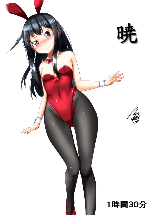 1girl akatsuki_(kantai_collection) alternate_costume animal_ears bare_shoulders black_hair black_legwear blush bow bowtie breasts bunnysuit character_name fake_animal_ears grey_eyes hair_between_eyes kantai_collection leotard long_hair pantyhose rabbit_ears red_leotard small_breasts smile solo strapless strapless_leotard tsukino_murakumo wrist_cuffs