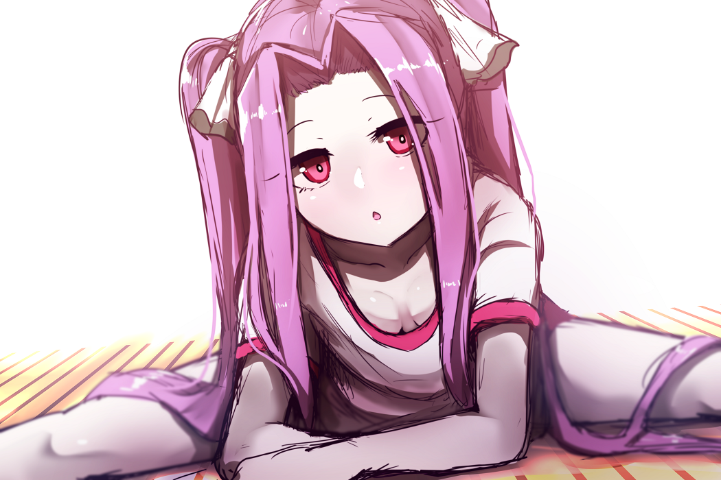 1girl bangs blush breasts chestnut_mouth collarbone downblouse fate/grand_order fate_(series) hair_ribbon long_hair looking_at_viewer medusa_(lancer)_(fate) parted_bangs parted_lips purple_hair ribbon rider shirt short_sleeves sketch small_breasts solo split very_long_hair violet_eyes wadakazu white_background white_ribbon white_shirt wooden_floor