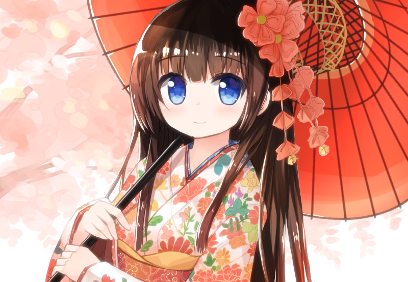 1girl bangs blue_eyes blush brown_hair closed_mouth eyebrows_visible_through_hair floral_print hair_ornament holding holding_umbrella japanese_clothes kimono long_hair long_sleeves oriental_umbrella original print_kimono red_umbrella smile solo umbrella very_long_hair white_kimono wide_sleeves yuuhagi_(amaretto-no-natsu)