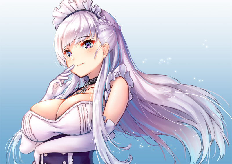 1girl azur_lane bangs bare_shoulders belfast_(azur_lane) blue_background braid breasts chains cleavage closed_mouth collar corset elbow_gloves eyebrows_visible_through_hair french_braid gloves gradient gradient_background hand_on_own_face hand_up large_breasts lavender_hair long_hair looking_at_viewer maid_headdress pensuke shiny shiny_hair smile solo sparkle upper_body very_long_hair violet_eyes white_gloves