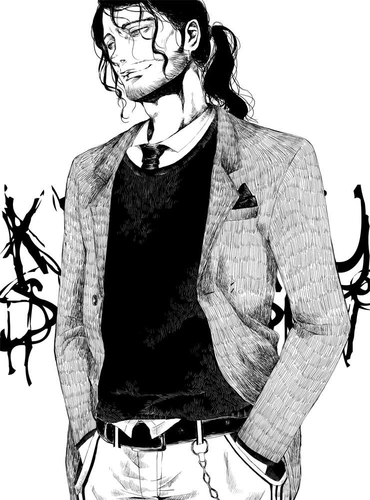 1boy alternate_costume belt bleach buttons chains character_name collared_shirt cowboy_shot denim facial_hair formal hands_in_pockets jeans kyouraku_shunsui lips long_hair long_sleeves looking_away male_focus monochrome necktie nose pants shirt simple_background smile stubble tied_hair white_background yangyieva