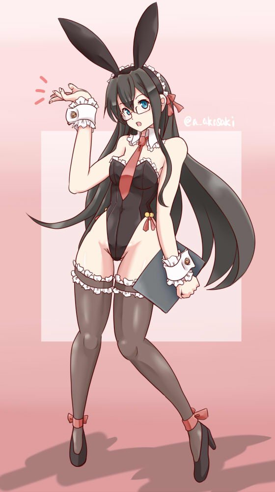 1girl akai_akasaki animal_ears black_hair black_legwear black_leotard bunnysuit clipboard commentary_request detached_collar frilled_legwear frilled_leotard frills full_body glasses green_eyes kantai_collection leotard long_hair looking_at_viewer necktie ooyodo_(kantai_collection) pink_background rabbit_ears red_neckwear semi-rimless_eyewear solo square strapless strapless_leotard thigh-highs twitter_username two-tone_background white_background wrist_cuffs
