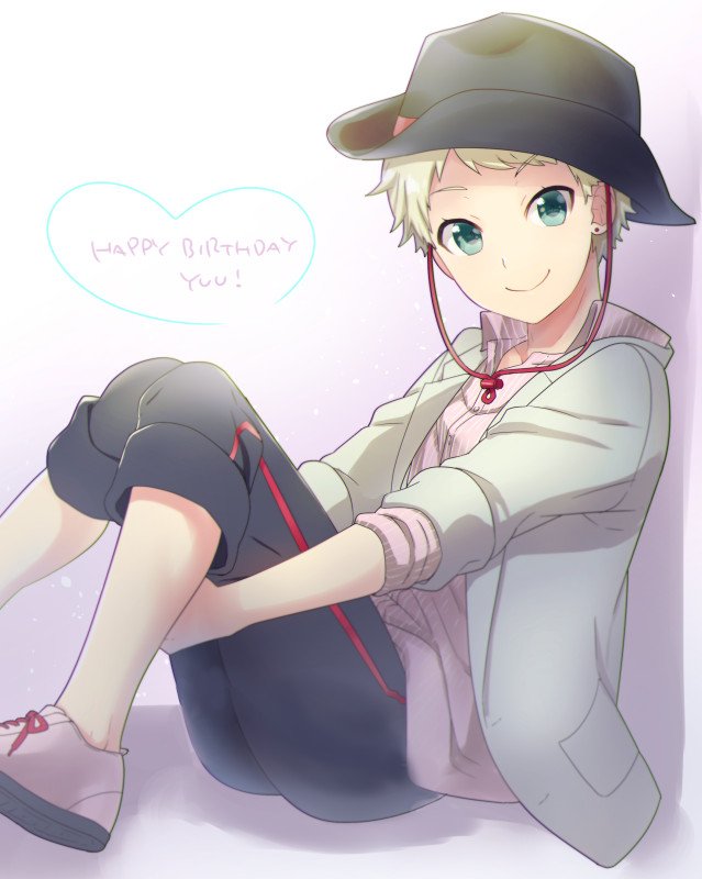 1boy black_pants blonde_hair character_name cowboy_hat earrings green_eyes happy_birthday hat jacket jewelry kikuchi_mataha looking_at_viewer male_focus pants sitting smile solo vocaloid yuu_(vocaloid) zola_project
