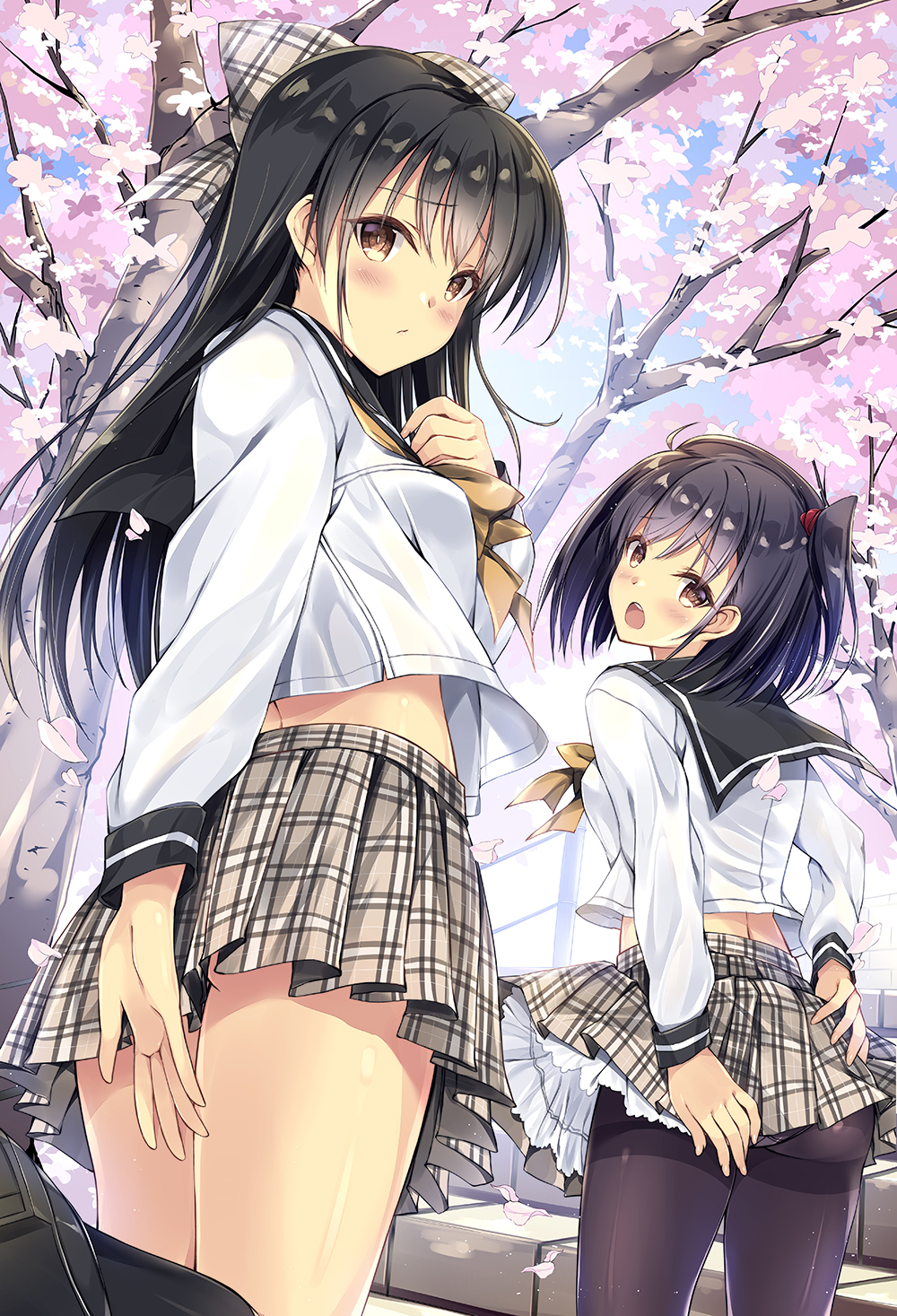 2girls ass bangs black_footwear black_hair black_legwear blouse blush bow bowtie breasts brown_eyes cherry_blossoms closed_mouth commentary_request covering covering_ass day eyebrows_visible_through_hair hair_bow hair_tie hand_on_own_chest highres kneehighs kobayashi_chisato long_hair long_sleeves looking_at_viewer looking_back multiple_girls open_mouth original outdoors panties panties_under_pantyhose pantyhose petals plaid plaid_bow plaid_skirt pleated_skirt sailor_collar school_uniform serafuku shirt shoes side_ponytail skirt small_breasts stairs standing standing_on_one_leg tree underwear white_blouse wind wind_lift yellow_neckwear