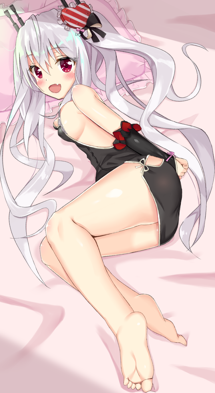 1girl :d azur_lane bare_shoulders barefoot bed_sheet black_dress blush breasts china_dress chinese_clothes commentary_request detached_sleeves dress fang frilled_pillow frills hair_ornament heart heart_hair_ornament highres long_hair long_sleeves looking_at_viewer lying medium_breasts on_side open_mouth pillow red_eyes silver_hair sleeveless sleeveless_dress sleeves_past_wrists smile solo sutei_(xfzdarkt) twintails vampire_(azur_lane) very_long_hair