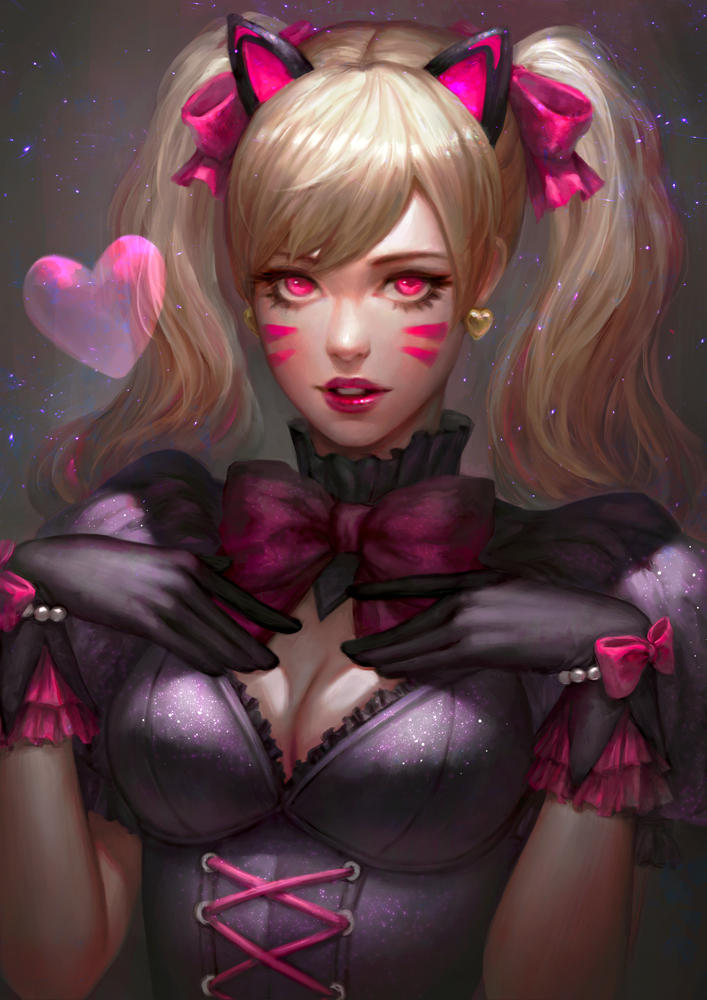 1girl abigail_diaz alternate_costume alternate_eye_color animal_ears bead_bracelet beads black_cat_d.va black_dress black_gloves blonde_hair bow bracelet breasts cat_ears cleavage commentary corset d.va_(overwatch) dress earrings eyelashes facepaint facial_mark frilled_dress frills gloves grey_background hands_on_own_chest heart heart_earrings jewelry lips lipstick lolita_fashion looking_at_viewer makeup medium_breasts nose overwatch parted_lips pink_bow pink_eyes pink_lips pink_lipstick puffy_short_sleeves puffy_sleeves realistic short_sleeves solo twintails upper_body upper_teeth whisker_markings