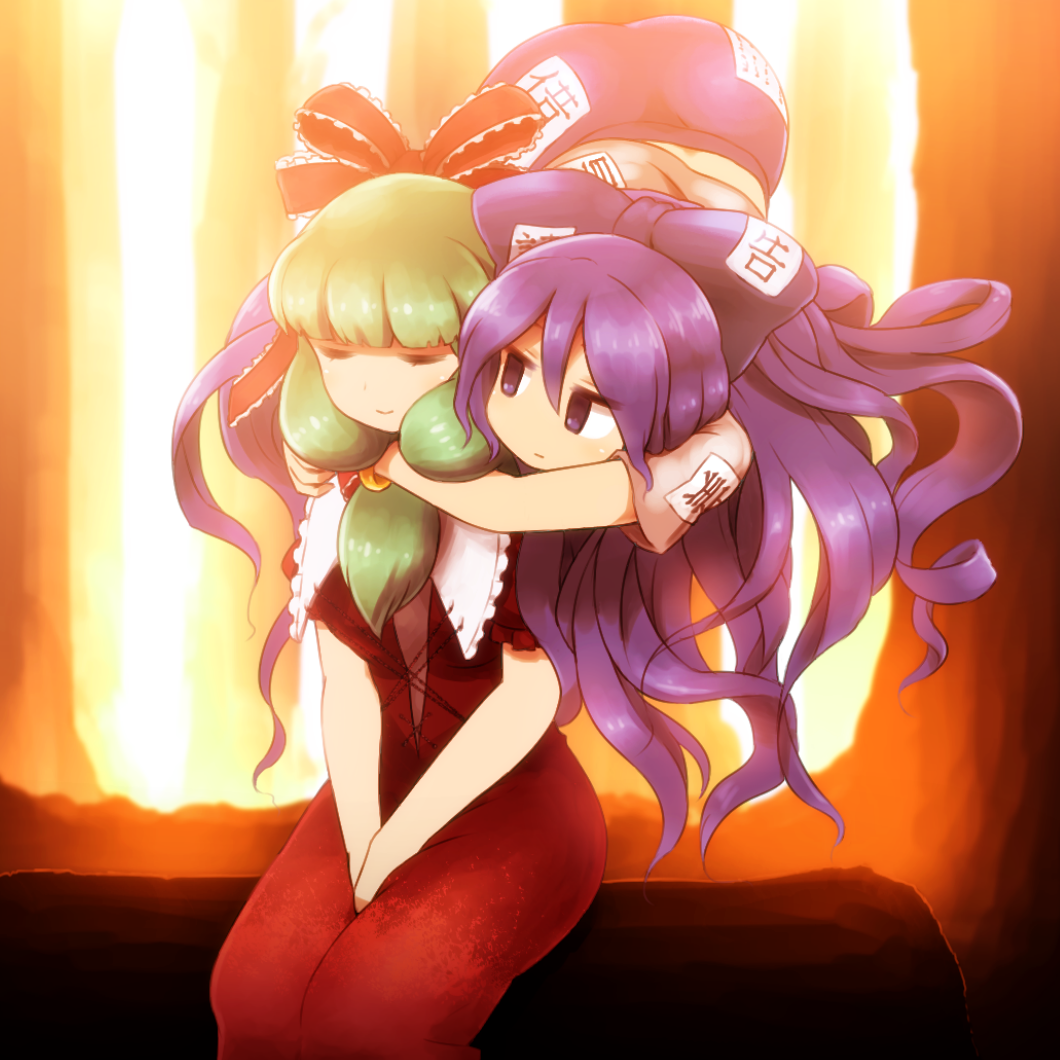 2girls :| bare_arms blue_bow blue_eyes blue_hair blue_skirt bow bracelet closed_eyes closed_mouth debt dress expressionless floating forest frills front_ponytail green_hair hair_between_eyes hair_bow hair_ribbon hug hug_from_behind jewelry kagiyama_hina long_hair looking_at_another multiple_girls nature outdoors red_dress ribbon shirosato short_sleeves sitting skirt smile touhou tree yorigami_shion