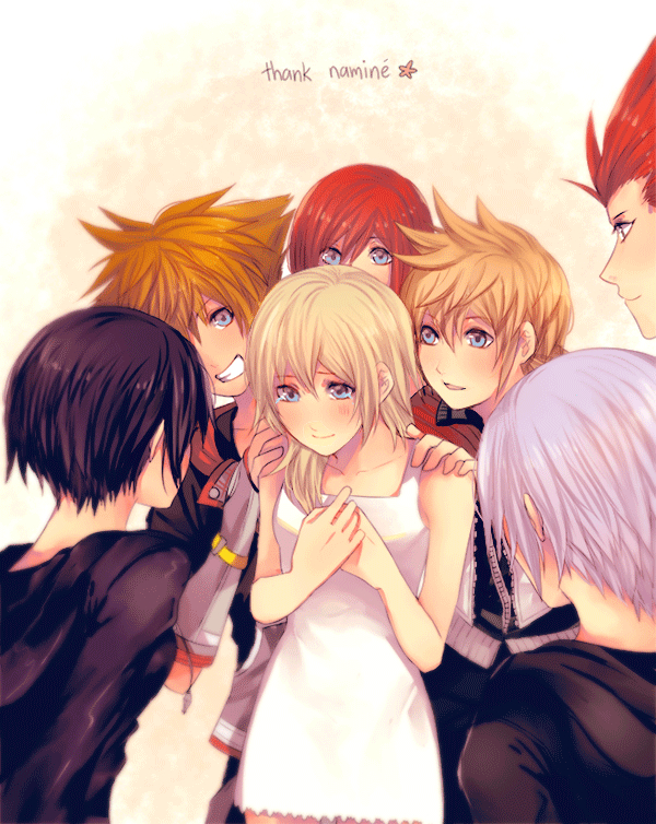 axel_(kingdom_hearts) black_hair blonde_hair blue_eyes breasts dress kairi_(kingdom_hearts) kingdom_hearts kingdom_hearts_358/2_days kingdom_hearts_chain_of_memories kingdom_hearts_ii medium_hair multiple_boys multiple_girls namine organization_xiii riku roxas short_hair sora_(kingdom_hearts) white_dress xion_(kingdom_hearts)