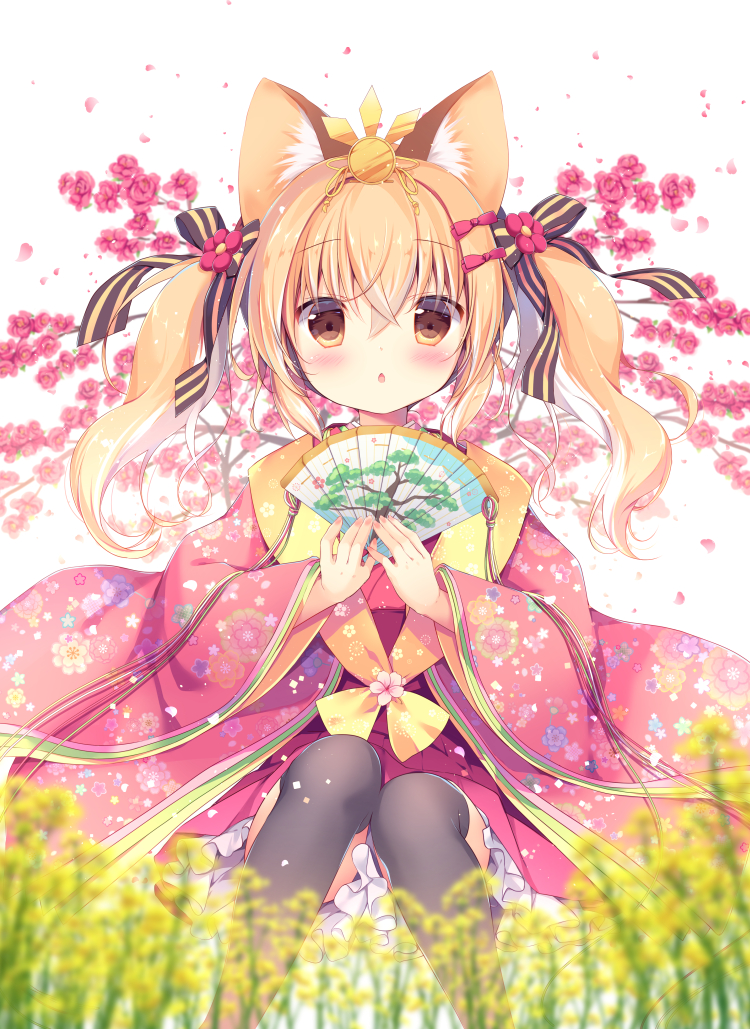 1girl animal_ears bangs black_bow black_legwear blonde_hair blurry blurry_foreground blush bow brown_eyes chestnut_mouth commentary_request depth_of_field eyebrows_visible_through_hair fan fingernails floral_print flower folding_fan fox_ears hair_between_eyes hair_bow hakama hinamatsuri holding holding_fan japanese_clothes kimono layered_clothing layered_kimono long_hair long_sleeves looking_at_viewer mimiket miyasaka_miyu multicolored_hair nail_polish original parted_lips pink_bow pink_flower pink_kimono pink_nails print_kimono purple_hakama saishi short_kimono sidelocks solo striped striped_bow thigh-highs twintails two-tone_hair white_background white_hair wide_sleeves yellow_flower