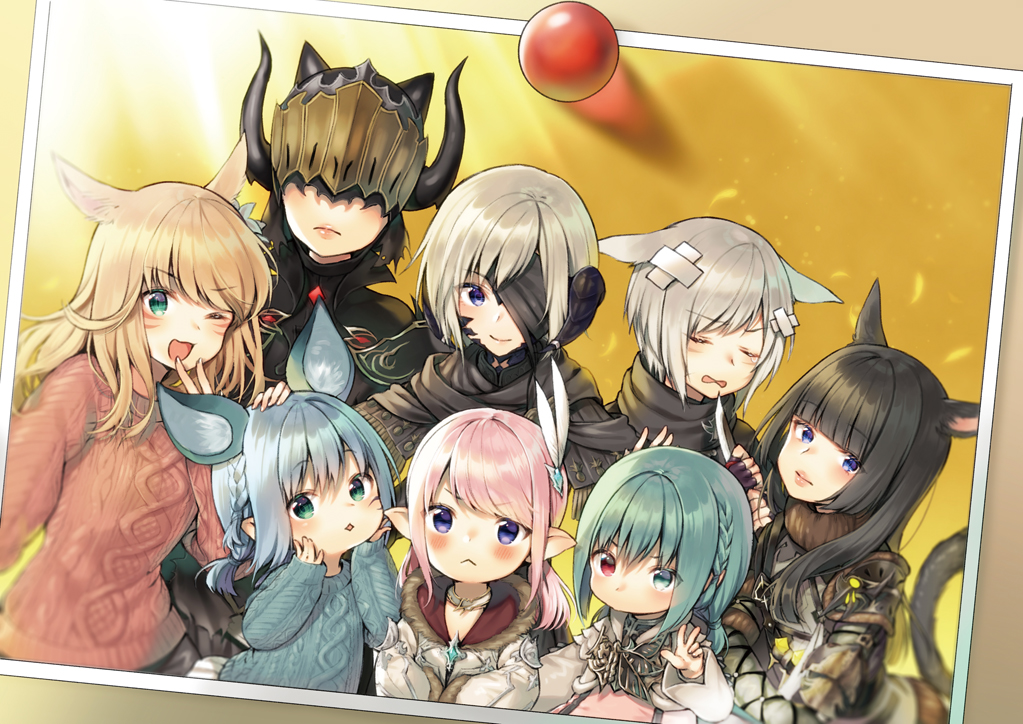 6+girls :&lt; :&lt;&gt; ;d animal_ears aran_sweater armor au_ra bangs black_gloves black_hair blue_eyes blue_hair blue_sweater blunt_bangs blush braid cat_ears cat_girl cat_tail character_request closed_eyes closed_mouth coat commentary_request covered_eyes crossed_bandaids eyebrows_visible_through_hair facial_mark facing_viewer final_fantasy final_fantasy_xiv fingerless_gloves fur-trimmed_coat fur_trim gloves green_eyes hair_between_eyes hands_on_own_cheeks hands_on_own_face hands_up heterochromia holding holding_knife horns knife lalafell light_brown_hair long_sleeves midorikawa_you miqo'te multiple_girls one_eye_closed one_eye_covered open_mouth parted_lips photo_(object) pink_hair pleated_skirt pointy_ears red_eyes red_sweater silver_hair skirt sleeves_past_wrists smile sweater tail v violet_eyes white_coat white_skirt