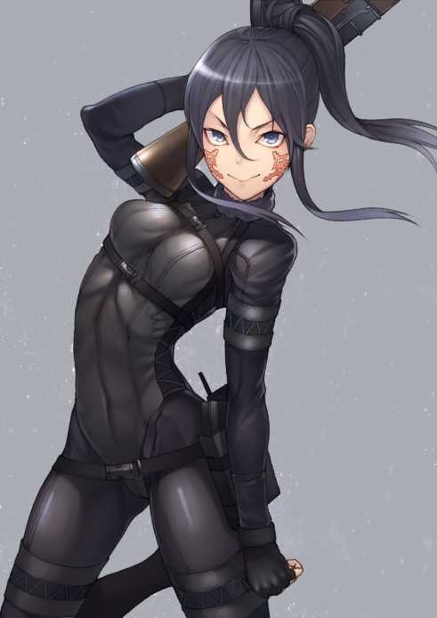 &gt;:) 1girl arm_at_side arm_up bad_id bad_pixiv_id belt belt_pouch black_bodysuit black_hair blue_eyes bodysuit breasts closed_mouth covered_navel facial_mark fingerless_gloves gloves grey_background gun hair_between_eyes holding holding_gun holding_weapon kyoeiki leg_up long_hair looking_at_viewer medium_breasts pitohui_(sao) ponytail shiny shiny_hair sidelocks simple_background skin_tight smile solo stand_(jojo) sword_art_online sword_art_online_alternative:_gun_gale_online tsurime weapon