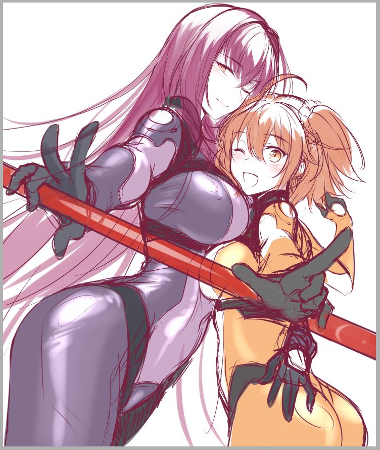2girls ahoge ass asymmetrical_docking blush bodysuit breast_press breasts covered_navel eyebrows_visible_through_hair fate/grand_order fate_(series) fujimaru_ritsuka_(female) gae_bolg hair_ornament hair_scrunchie hand_on_another's_hip hips holding holding_weapon large_breasts long_hair medium_breasts multiple_girls okitakung one_eye_closed one_side_up open_mouth orange_bodysuit orange_eyes orange_hair polearm purple_bodysuit purple_hair red_eyes scathach_(fate/grand_order) scrunchie short_hair side_ponytail simple_background smile spear thighs waist weapon white_background