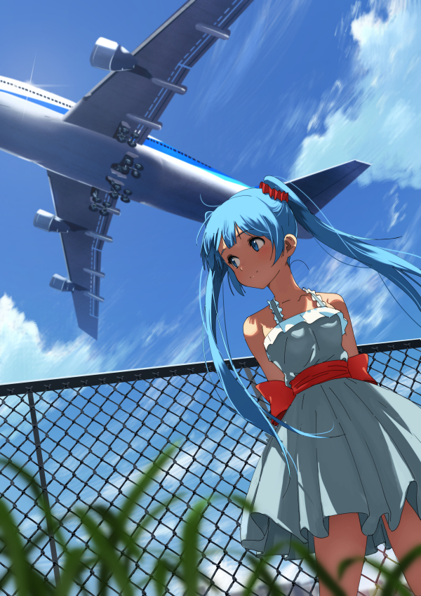 1girl aircraft airplane bangs bare_shoulders blue_eyes blue_hair blue_sky blurry blurry_foreground blush bow chain-link_fence closed_mouth clouds collarbone commentary_request day depth_of_field domo1220 dress eyebrows_visible_through_hair fence from_below glint hair_ornament hair_scrunchie hatsune_miku long_hair looking_away looking_to_the_side outdoors red_bow red_scrunchie scrunchie sky sleeveless sleeveless_dress smile solo twintails very_long_hair vocaloid white_dress