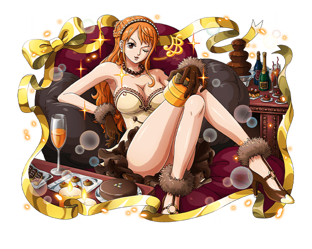 1girl bodskih box breasts brown_eyes brown_footwear brown_gloves cake cleavage collarbone dress food frilled_hairband fur_trim glass gloves hand_on_own_knee high_heels holding jewelry large_breasts long_hair looking_at_viewer nami_(one_piece) necklace one_eye_closed one_piece open_mouth orange_hair ribbon shiny shiny_skin short_dress sideboob sitting sleeveless sleeveless_dress solo strapless strapless_dress transparent_background very_long_hair yellow_ribbon