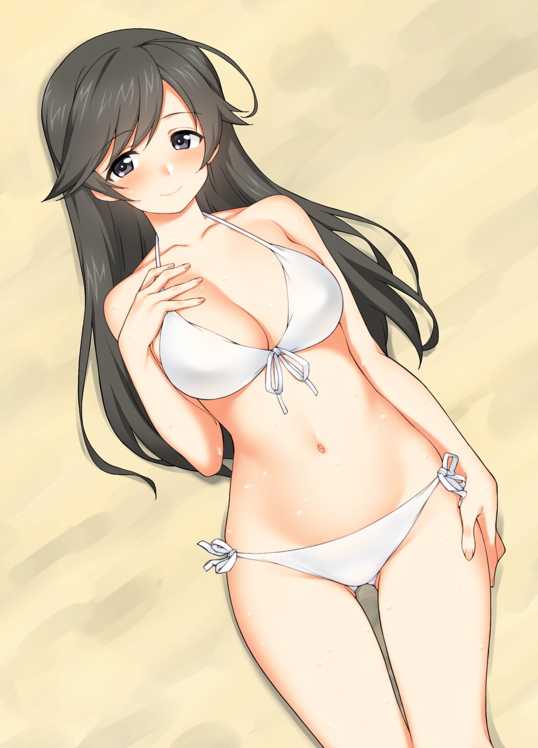 ahoge arm_at_side bangs bikini black_eyes black_hair blush breasts bright_pupils cleavage closed_mouth cowboy_shot front-tie_bikini front-tie_top girls_und_panzer gluteal_fold halterneck hand_on_own_chest hatakenaka_(kamagabuchi) highres large_breasts long_hair navel side-tie_bikini smile sweat swept_bangs swimsuit takebe_saori white_background white_pupils