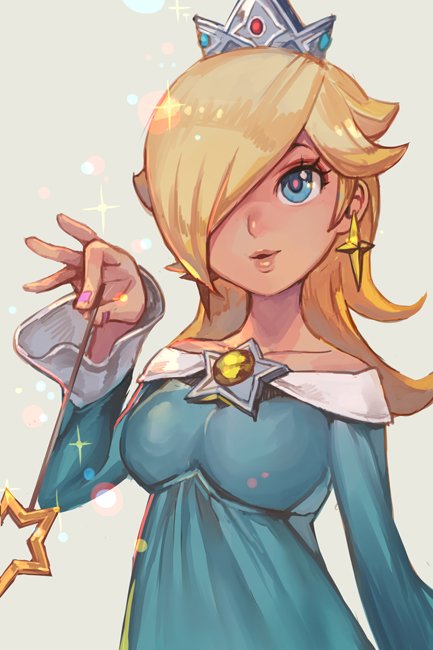 1girl bangs blonde_hair breasts collarbone crown dress earrings fingernails green_dress hair_over_one_eye hankuri holding jewelry long_sleeves super_mario_bros. open_eyes parted_lips rosetta_(mario) short_hair simple_background solo star swept_bangs wand