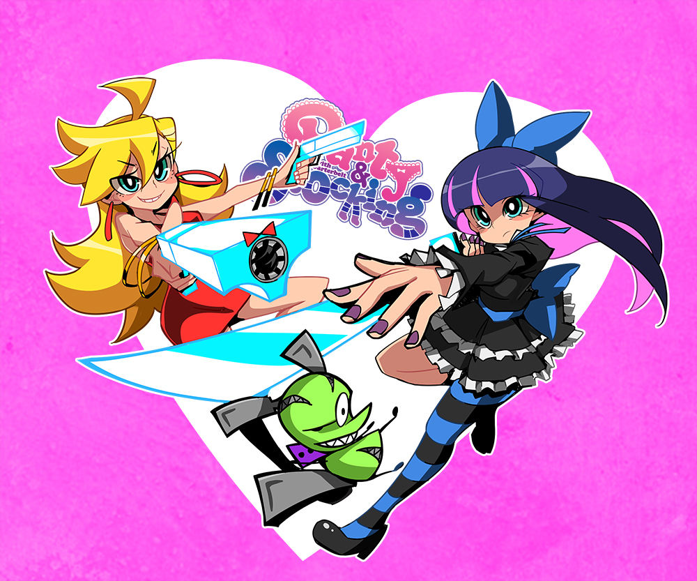 2girls black_hair blonde_hair blue_bow blue_eyes blush bongfill bow bracelet character_request closed_mouth copyright_name dual_wielding earrings eyebrows_visible_through_hair gun hair_bow holding holding_gun holding_weapon hoop_earrings jewelry long_hair looking_at_viewer multicolored_hair multiple_girls nail_polish panty_&amp;_stocking_with_garterbelt panty_(psg) parted_lips pink_hair purple_nails smile stocking_(psg) striped striped_legwear thigh-highs weapon