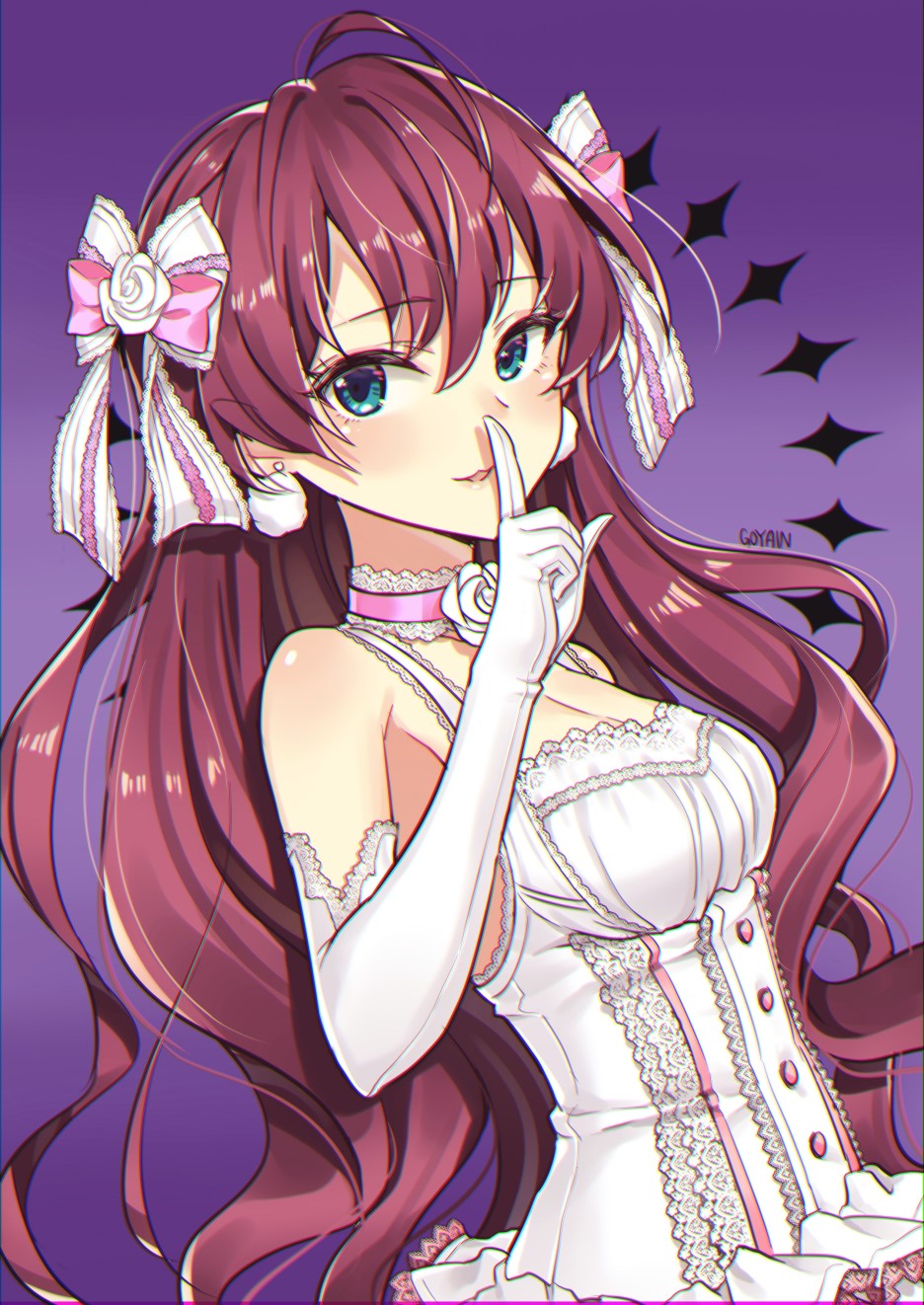 1girl :3 ahoge bangs blue_eyes blush bow breasts brown_hair choker cleavage dress earrings elbow_gloves eyebrows_visible_through_hair finger_to_mouth gloves hair_between_eyes hair_bow highres ichinose_shiki idolmaster idolmaster_cinderella_girls idolmaster_cinderella_girls_starlight_stage jewelry jewriel lace lace-trimmed_bow lace-trimmed_choker lace-trimmed_dress lace-trimmed_gloves lace_trim lips long_hair looking_at_viewer parted_lips smile solo upper_body wavy_hair white_bow white_dress white_gloves