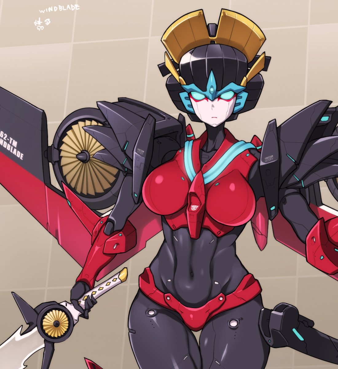 1girl autobot blue_eyes breasts character_name grid grid_background highres holding looking_at_viewer makeup mechanical_wings meme50 no_humans solo standing sword transformers weapon windblade wings