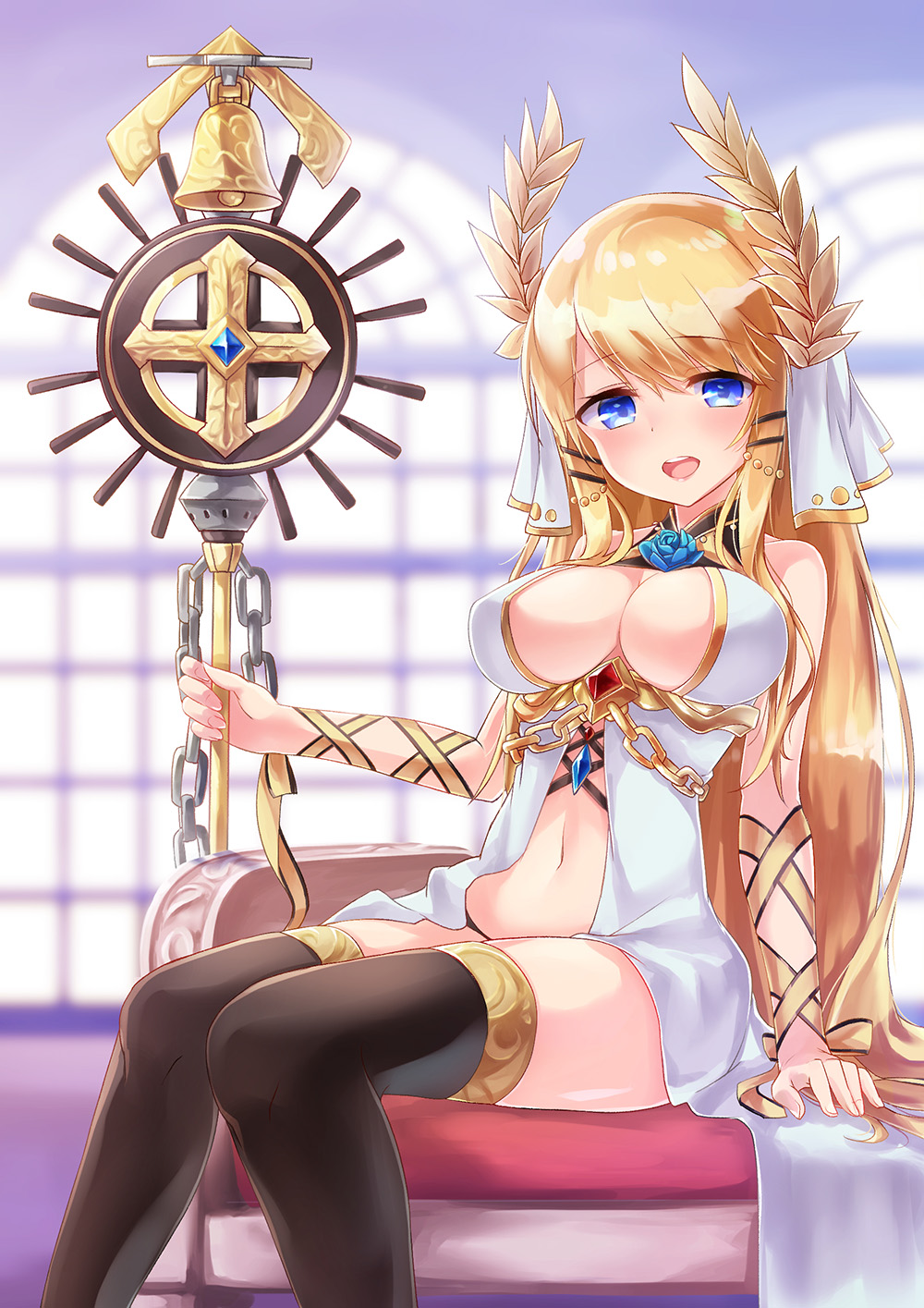 1girl azur_lane bangs bare_shoulders bell black_legwear black_panties blonde_hair blue_eyes blurry blurry_background blush breasts chains cleavage commentary dress eyebrows_visible_through_hair eyelashes fingernails flower_ornament hair_ornament hair_spread_out highres holding holding_staff indoors large_breasts laurel_crown long_hair looking_at_viewer navel oshishio panties ribbon sitting sleeveless sleeveless_dress solo staff thigh-highs underwear veil very_long_hair victorious_(azur_lane) window wrist_ribbon