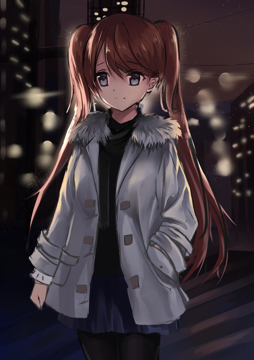 1girl bangs black_legwear black_scarf black_shirt blue_skirt blurry blurry_background brown_hair brown_sky building closed_mouth coat commentary_request copyright_request depth_of_field eyebrows_visible_through_hair fur-trimmed_coat fur_trim grey_coat grey_eyes hair_between_eyes highres karin_(fineyanny) long_hair open_clothes open_coat outdoors pantyhose pleated_skirt scarf shirt skirt sky solo twintails very_long_hair