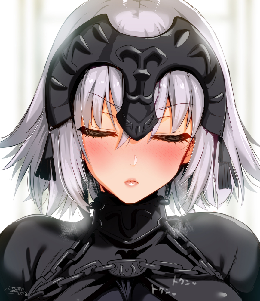 1girl bangs black_dress blurry blurry_background blush chains closed_eyes closed_mouth commentary_request depth_of_field dress eyebrows_visible_through_hair facing_viewer fate/apocrypha fate/grand_order fate_(series) hair_between_eyes headpiece heart heavy_breathing incoming_kiss jeanne_d'arc_(alter)_(fate) jeanne_d'arc_(fate)_(all) kojima_saya lips nose_blush short_hair signature silver_hair solo translation_request