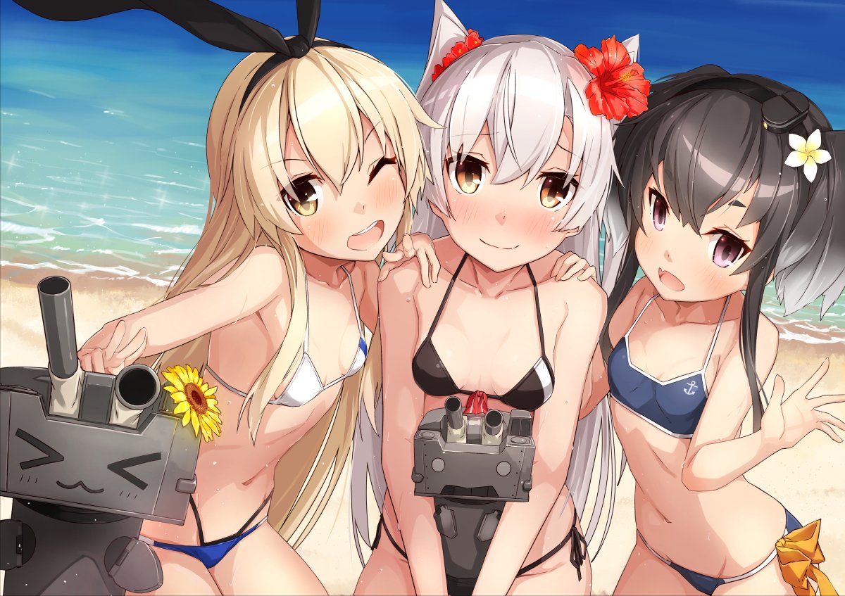 3girls :d ;d adapted_costume amatsukaze_(kantai_collection) beach bikini black_bikini black_hair blush breasts brown_eyes closed_mouth collarbone cowboy_shot eyebrows_visible_through_hair fang flat_chest flower girl_sandwich hair_flower hair_ornament hair_ribbon hairband halterneck hand_on_another's_shoulder hat hibiscus highleg highleg_bikini kantai_collection long_hair looking_at_viewer mini_hat multi-strapped_bikini multiple_girls navel one_eye_closed open_mouth outdoors outstretched_hand rensouhou-chan rensouhou-kun ribbon sandwiched shimakaze_(kantai_collection) short_hair_with_long_locks side-tie_bikini small_breasts smile sweat swimsuit takanashi_kei_(hitsujikan) tokitsukaze_(kantai_collection) violet_eyes