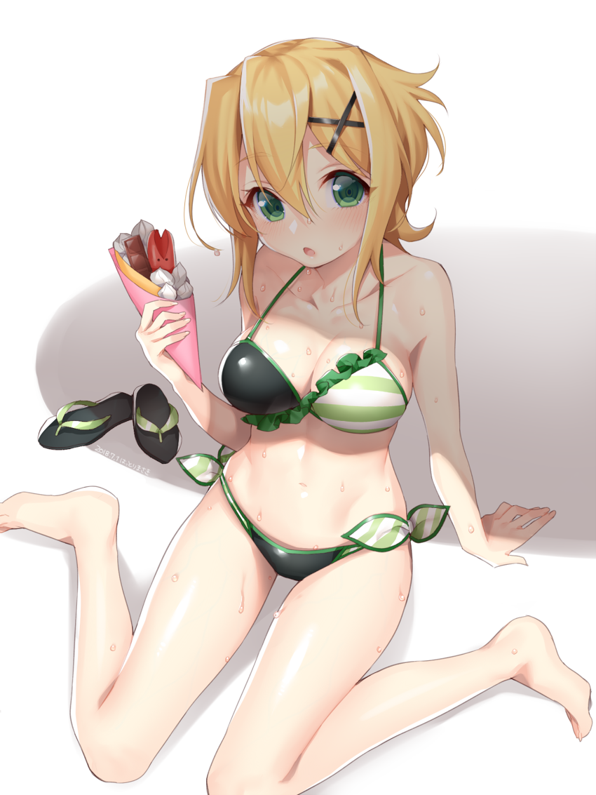 1girl akatsuki_kirika bare_shoulders bikini blonde_hair blush breasts cleavage collarbone eyebrows_visible_through_hair food frilled_bikini frills full_body green_eyes hair_between_eyes hair_ornament hattori_masaki holding holding_food large_breasts looking_at_viewer multicolored multicolored_bikini multicolored_clothes navel open_mouth sandals senki_zesshou_symphogear shiny shiny_hair shiny_skin short_hair side-tie_bikini simple_background sitting solo striped sweat swimsuit wariza white_background x_hair_ornament