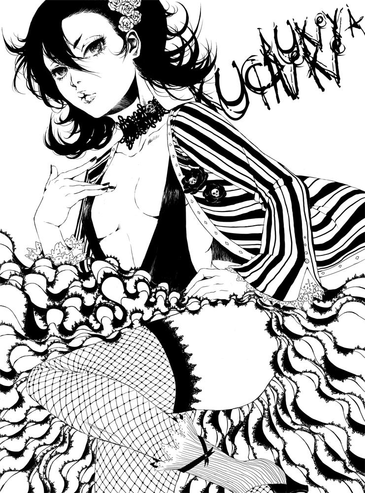 1girl alternate_costume ass bleach breasts character_name choker cleavage closed_mouth collarbone eyelashes fishnet_legwear fishnets flower hair_between_eyes hair_flower hair_ornament hand_on_hip high_heels kuchiki_rukia long_skirt long_sleeves looking_at_viewer monochrome rose serious shirt simple_background skirt skull small_breasts solo striped striped_shirt white_background yangyieva