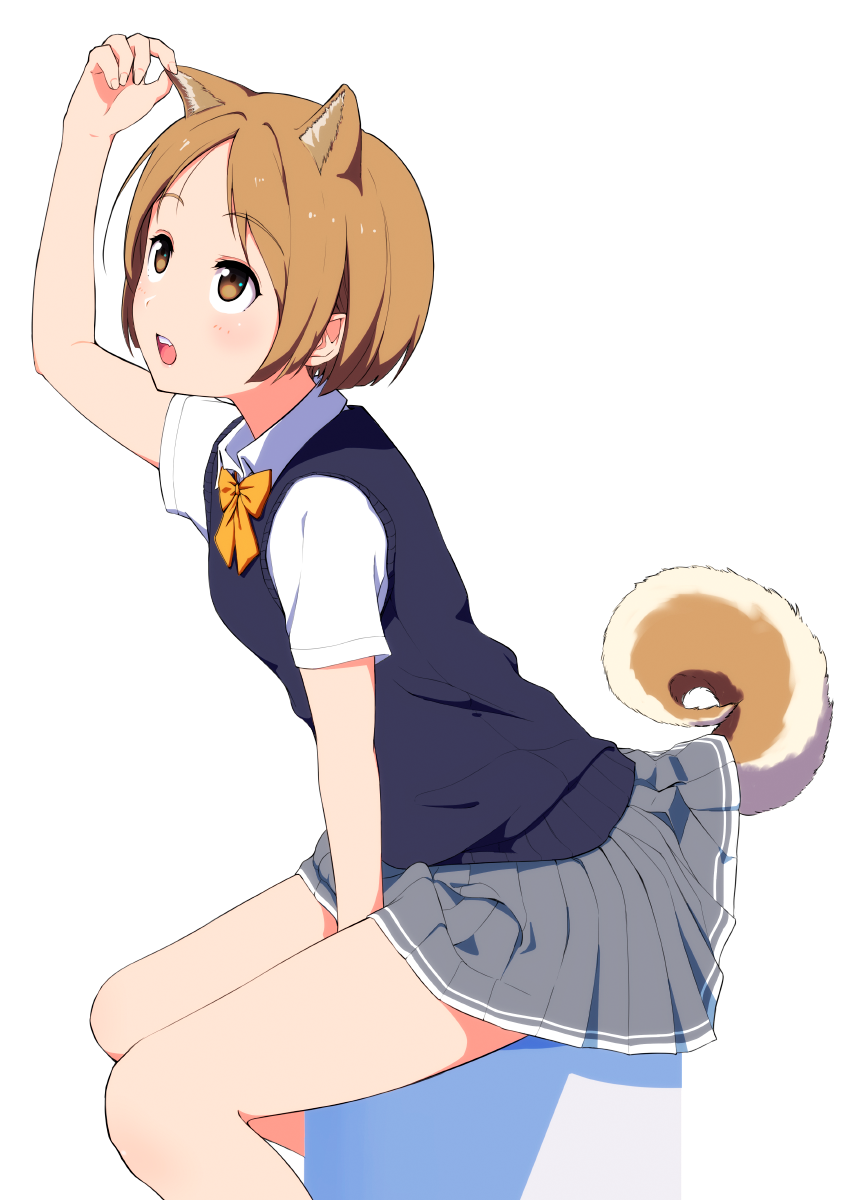 1girl :o animal_ears between_legs blue_vest blush bow bowtie brown_eyes brown_hair collared_shirt commentary_request curled_tail dog_ears dog_tail eyebrows_visible_through_hair from_side grey_skirt hand_between_legs hand_up hi_iro highres looking_up original pleated_skirt school_uniform shirt short_sleeves simple_background skirt solo tail tail_lift vest white_background white_shirt wing_collar yellow_neckwear