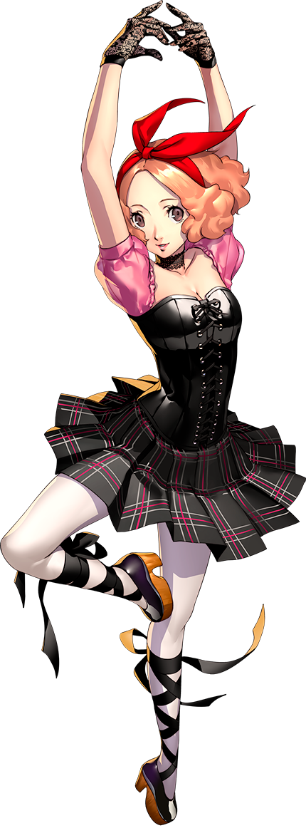 1girl ballet bow breasts brown_hair cleavage corset full_body gloves hair_bow high_heels lace lace-trimmed_gloves looking_at_viewer official_art okumura_haru persona persona_5 persona_5:_dancing_star_night persona_dancing plaid plaid_skirt puffy_short_sleeves puffy_sleeves short_sleeves skirt smile soejima_shigenori solo white_legwear