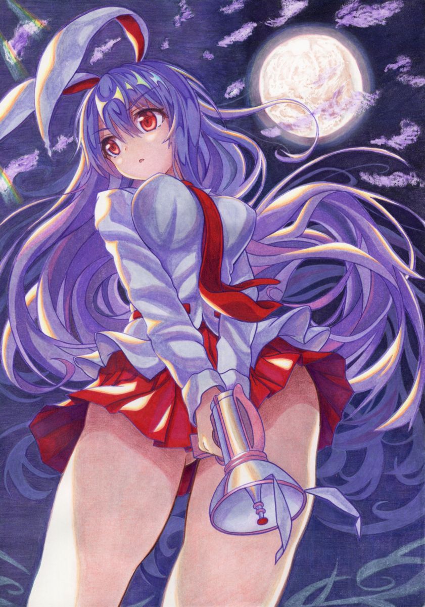 1girl animal_ears blouse breasts commentary_request from_below full_moon gluteal_fold gun handgun highres kittona large_breasts lavender_hair long_hair long_sleeves lunatic_gun millipen_(medium) miniskirt moon necktie night night_sky open_mouth pink_skirt pleated_skirt purple_hair rabbit_ears red_eyes red_neckwear reisen_udongein_inaba shirt skirt sky solo thighs touhou traditional_media very_long_hair watercolor_(medium) watercolor_pencil_(medium) weapon white_blouse