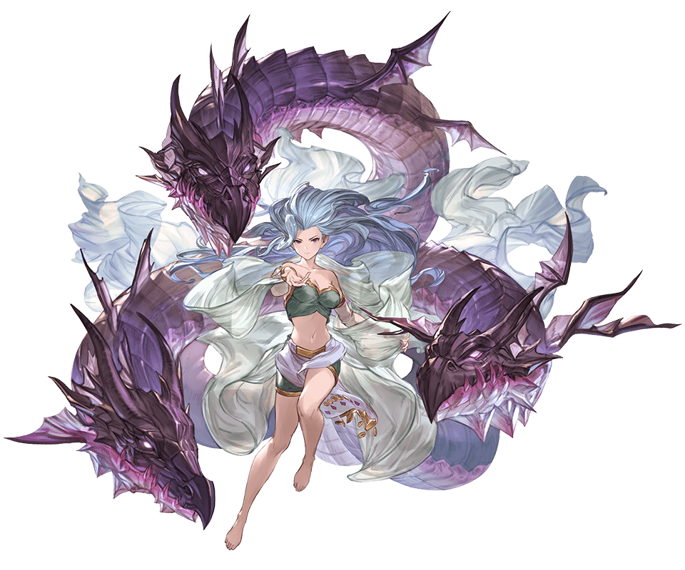1girl bare_shoulders barefoot blue_eyes breasts cleavage collarbone dragon full_body granblue_fantasy long_hair looking_at_viewer looking_away medium_breasts midriff minaba_hideo navel official_art open_mouth outstretched_hand pointy_ears serious shorts strapless tiamat_(granblue_fantasy) transparent_background tubetop violet_eyes