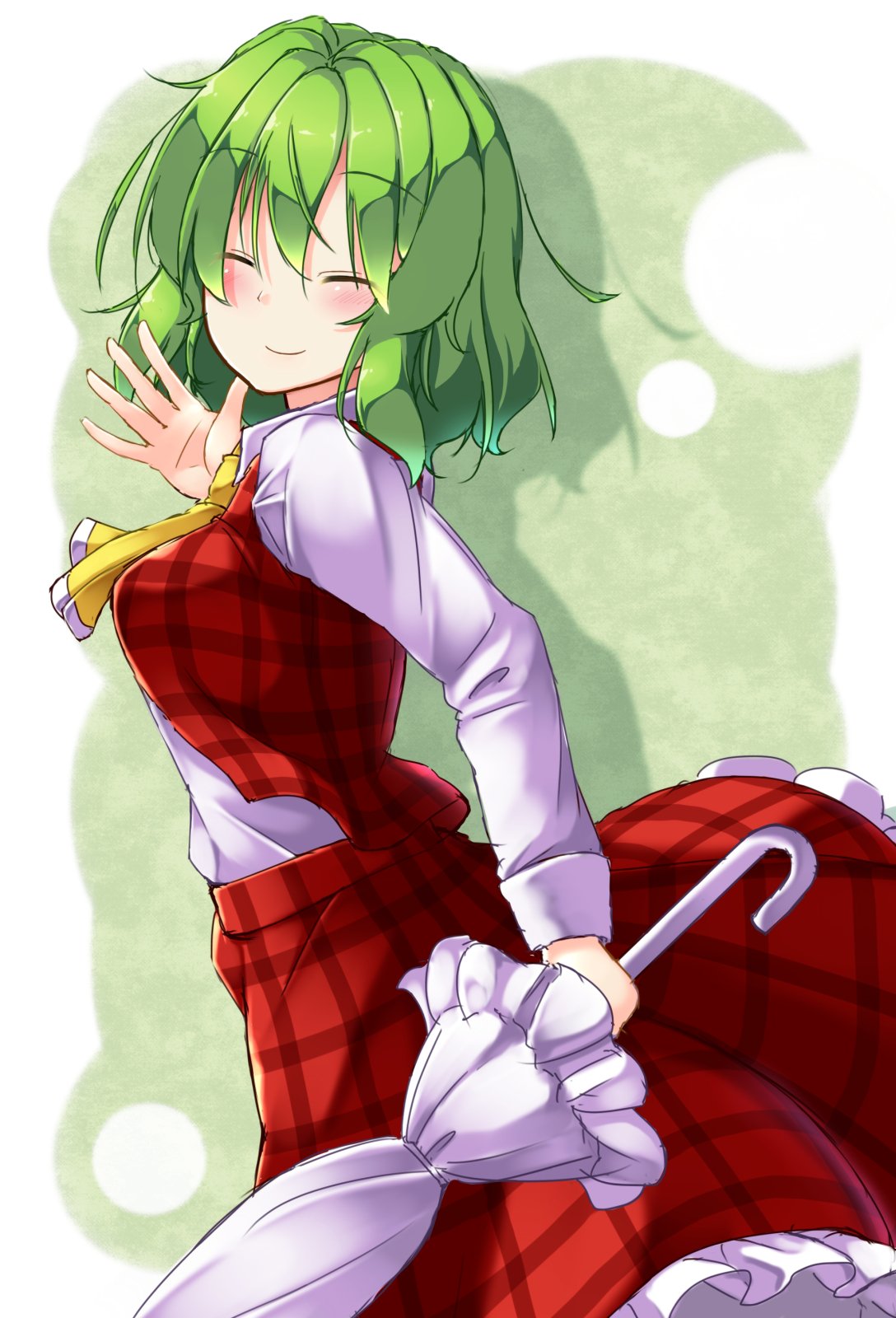 1girl aka_tawashi ascot blush breasts closed_eyes commentary_request eyebrows_visible_through_hair green_hair hand_up highres holding holding_umbrella kazami_yuuka long_sleeves medium_breasts petticoat plaid plaid_skirt plaid_vest red_skirt red_vest shadow shirt short_hair skirt smile solo standing touhou umbrella vest white_shirt yellow_neckwear