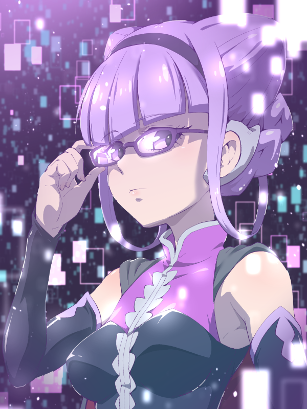 1girl armpits bangs bespectacled detached_sleeves glasses hair_bun hairband hugtto!_precure looking_at_viewer purple_hair ruru_amour solo square tj-type1 upper_body violet_eyes