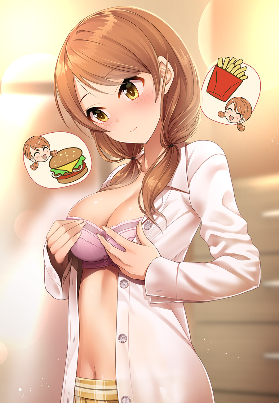 1girl blush bra breasts brown_eyes brown_hair commentary_request detached_sleeves eyebrows_visible_through_hair food french_fries hamburger highres houjou_karen idolmaster idolmaster_cinderella_girls kazu long_hair medium_breasts navel open_clothes solo speech_bubble underwear