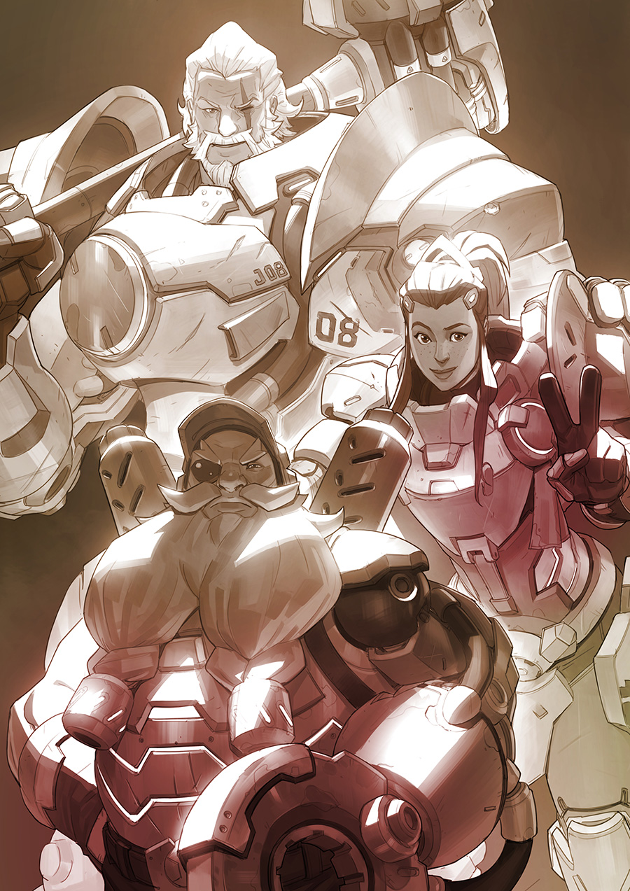 1girl 2boys armor beard brigitte_(overwatch) eyepatch facial_hair father_and_daughter hammer highres looking_at_viewer monochrome multiple_boys mustache nesskain over_shoulder overwatch prosthesis prosthetic_arm reinhardt_(overwatch) scar serious size_difference smile thick_eyebrows torbjorn_(overwatch) v weapon weapon_over_shoulder