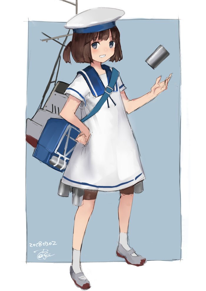 1girl black_hair blue_eyes brown_hair daitou_(kantai_collection) dated dress eyebrows_visible_through_hair full_body hat kantai_collection looking_at_viewer machinery sailor_dress sailor_hat short_hair short_ponytail simple_background smile solo toka_(marchlizard) twitter_username white_hat