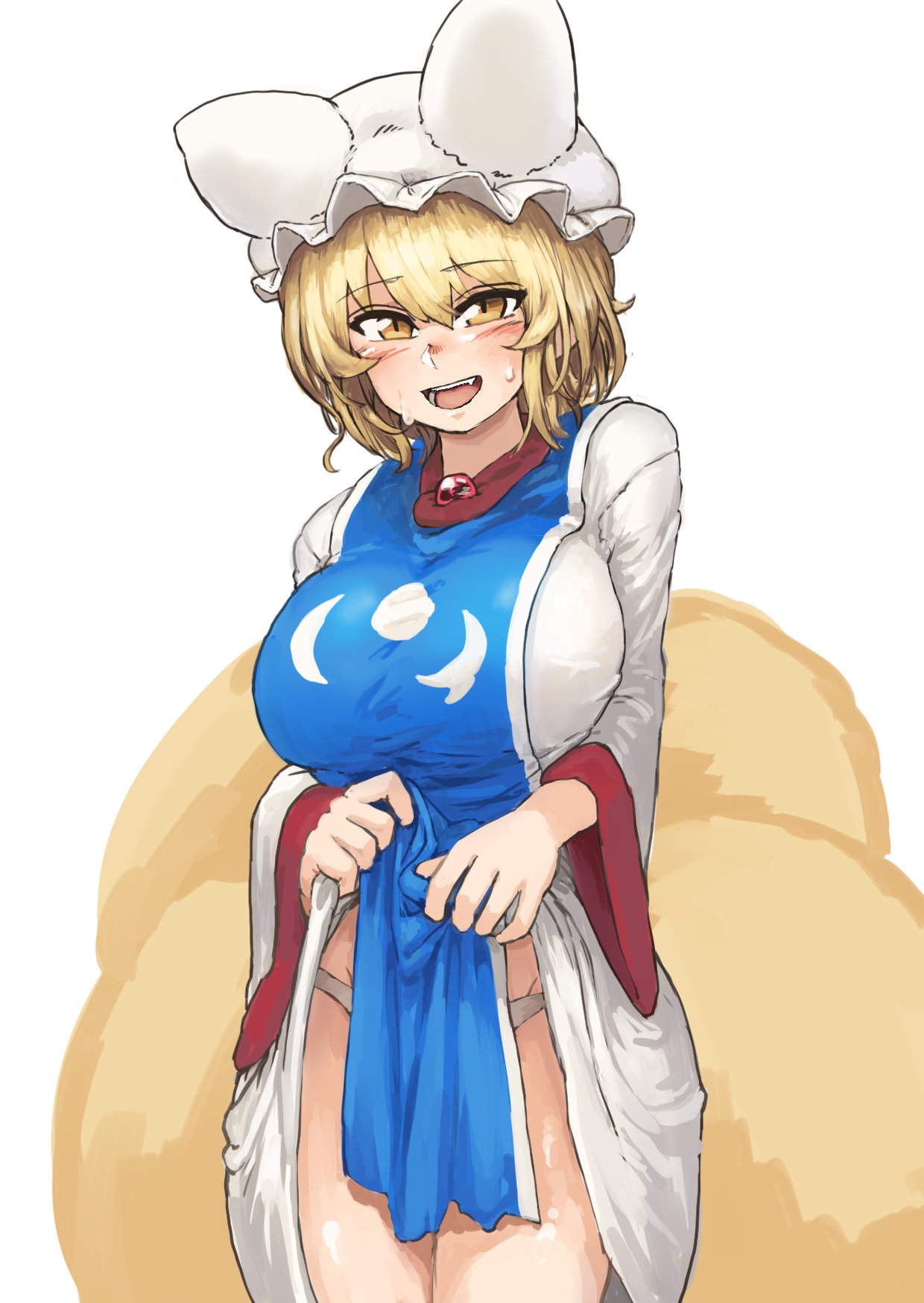 1girl animal_ears blonde_hair blush breasts chanta_(ayatakaoisii) clothes_lift cowboy_shot curvy dress dress_lift extra_ears fox_ears fox_tail hat highres huge_breasts lifted_by_self looking_at_viewer multiple_tails open_mouth panties pillow_hat slit_pupils smile solo standing sweatdrop tabard tail thick_thighs thighs touhou underwear white_dress white_panties wide_hips wide_sleeves yakumo_ran