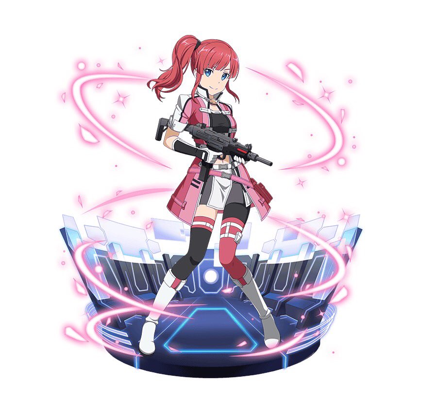 1girl asymmetrical_legwear black_legwear blue_eyes boots character_request crop_top elbow_gloves faux_figurine full_body gloves gun hair_ornament holding holding_gun holding_weapon knee_boots long_hair looking_at_viewer midriff navel redhead rifle side_ponytail sidelocks simple_background smile solo standing stomach sword_art_online thigh-highs weapon white_background white_footwear white_gloves