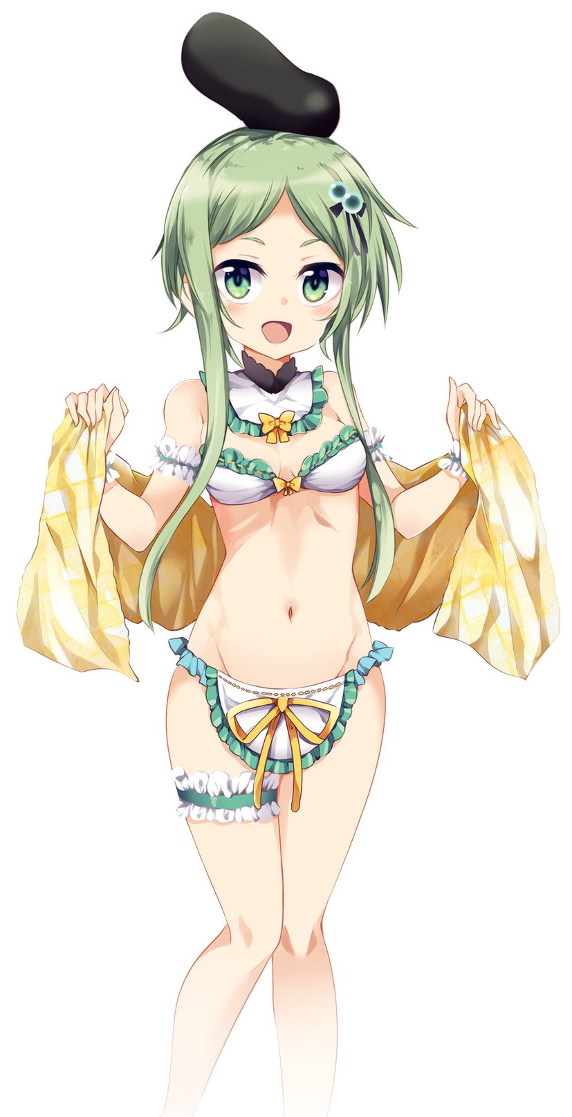 1girl adapted_costume arm_garter bandeau bare_arms bare_legs bare_shoulders blush bow breasts commentary_request detached_collar feet_out_of_frame frilled_shirt_collar frills green_eyes green_hair groin hair_bobbles hair_ornament hat highres holding leg_garter looking_at_viewer maturiuta_sorato midriff navel open_mouth ribbon shawl short_hair short_hair_with_long_locks simple_background small_breasts smile solo standing teireida_mai touhou white_background wrist_cuffs yellow_bow yellow_ribbon